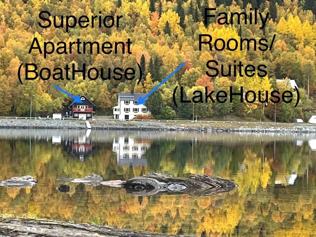 a view of a lake with the names of houses at Tärnaby Rooms & Apartments in Tärnaby