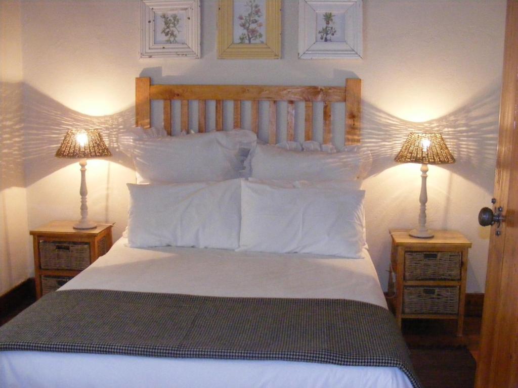 a bedroom with a bed with white pillows and two lamps at Pepper Tree Accommodation in Beaufort West