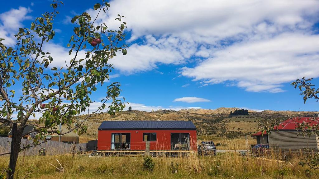 a red shed and a car parked in a field at Rough Ridge Cottage ~ your haven in Central Otago in Oturehua