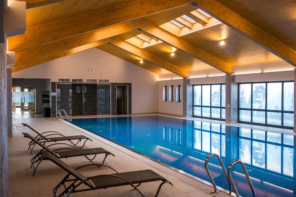 einen Innenpool mit Stühlen und einen Pool in der Unterkunft Astoria Horse Center in Gheorgheni