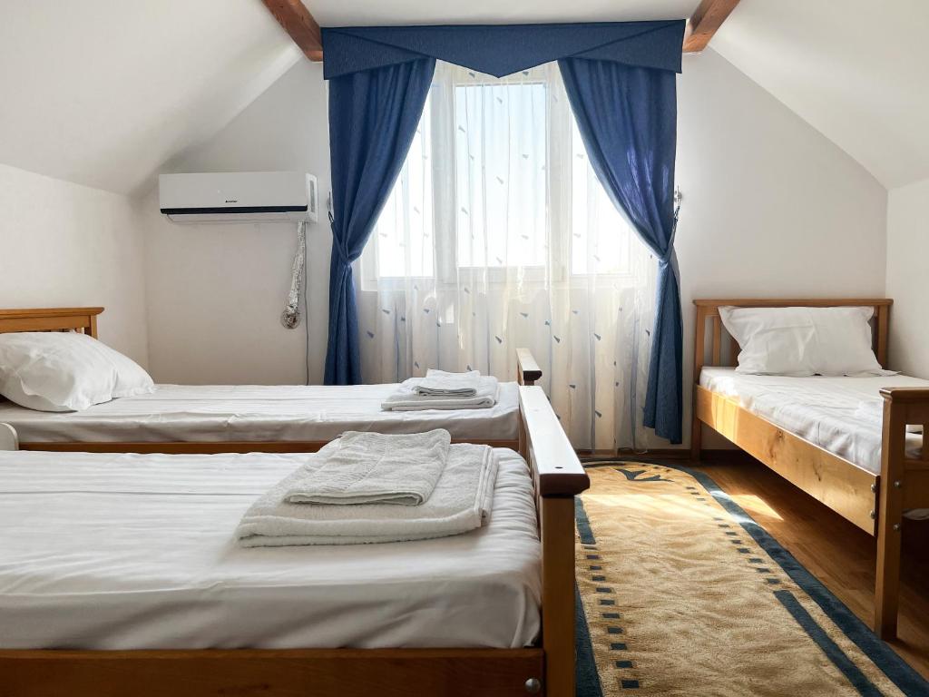 a bedroom with two beds and a window with blue curtains at Pensiunea Fortuna in Gorgova