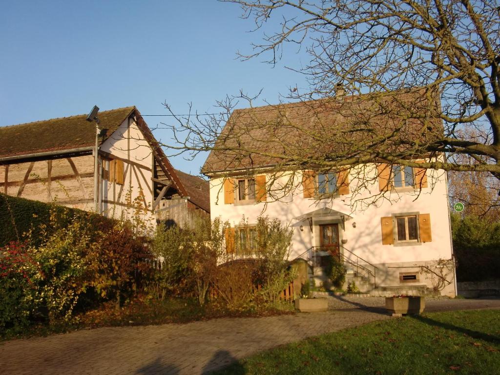 ein weißes Haus mit einem Baum davor in der Unterkunft Chambres meublées chez Loulou et Caramel in Magstatt-le-Bas