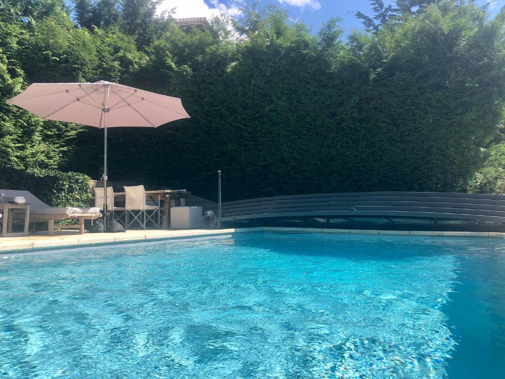 a large blue swimming pool with an umbrella at L'Ours Blanc Lodge in Le Biot