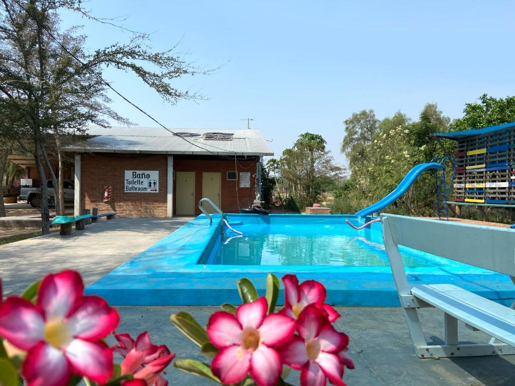 a pool with a slide and flowers next to a chair at Hotel Campestre Iparoma in Estancia Campo Aroma