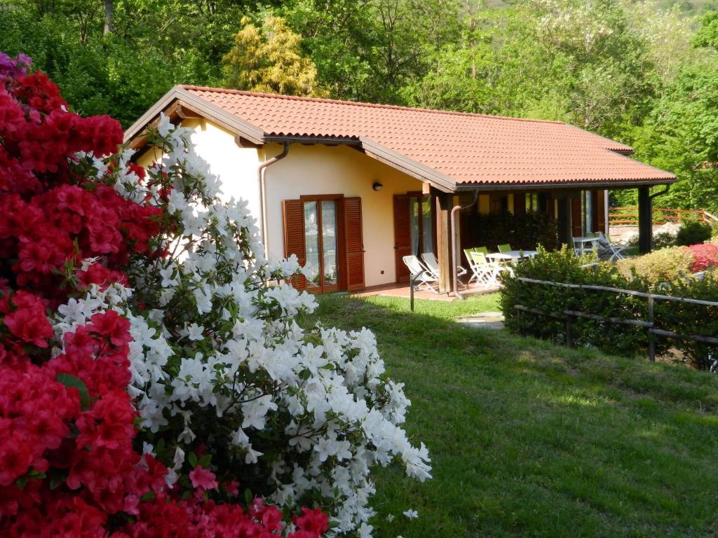 a small house with red and white flowers in the yard at Casa Luciana in Mergozzo