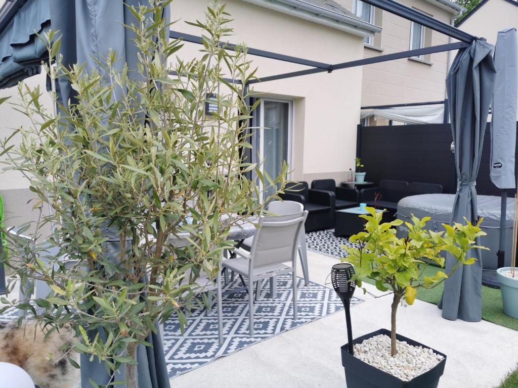 a patio with potted trees and a couch at Chambre chez particulier proche du circuit 3 in Le Mans