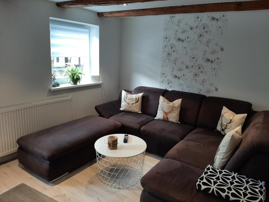 ein Wohnzimmer mit einem braunen Sofa und einem Tisch in der Unterkunft Ferienwohnung Alte Glaserei in Ilsenburg
