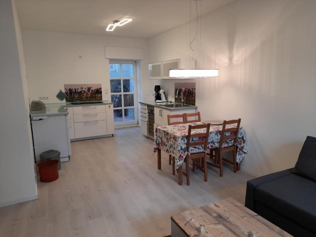 a kitchen and living room with a table and chairs at Ferienwohnung Am Geysirzentrum in Andernach