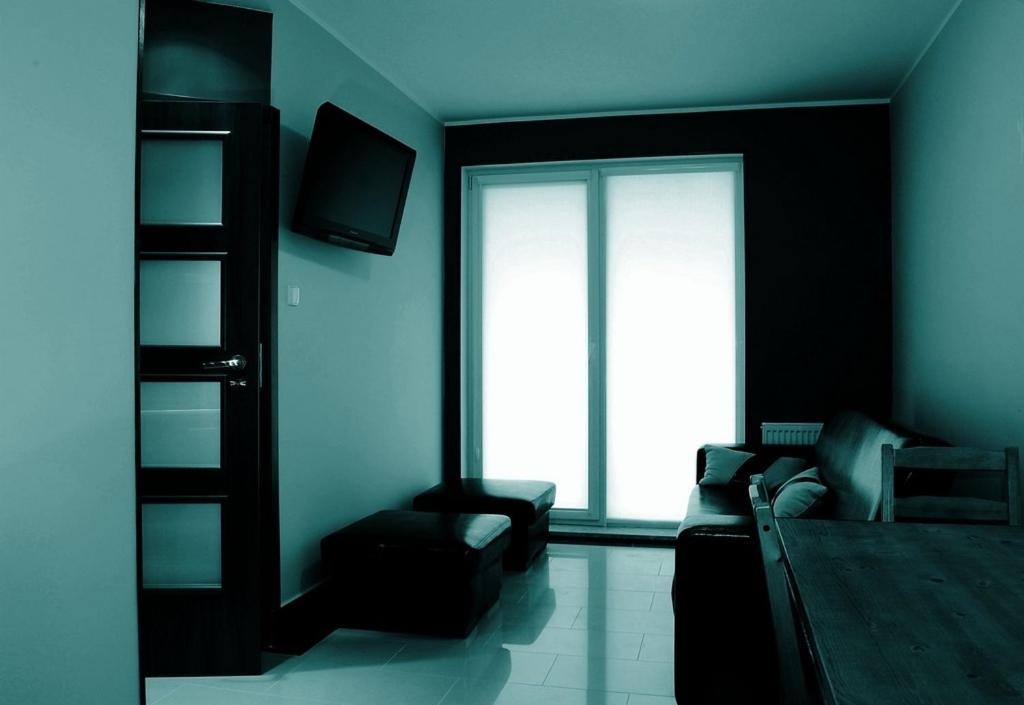 - un salon avec un lit et une fenêtre dans l'établissement Władysławowo Apartament Morska, à Władysławowo