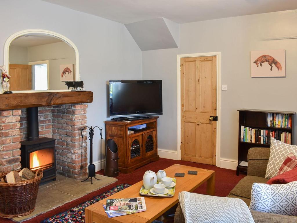 a living room with a fireplace and a tv at 3 Winville Mews in Askrigg