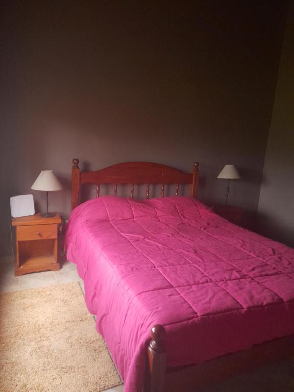 1 dormitorio con 1 cama con edredón rosa y mesita de noche en Casa en Necochea en Necochea
