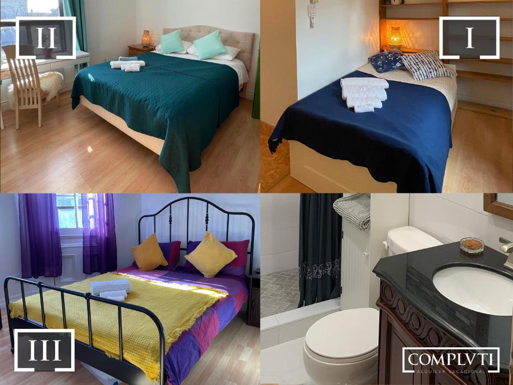 a collage of four pictures of a bedroom at Chambres EL MEDITERRANEO Rooms in Montréal