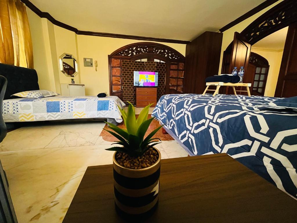 1 dormitorio con 2 camas y una maceta en Mega Suite in Privileged area of San Marino en Guayaquil