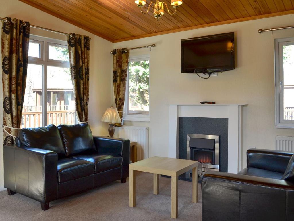 a living room with a couch and a fireplace at Lodge G- Uk33093 in Dinnet