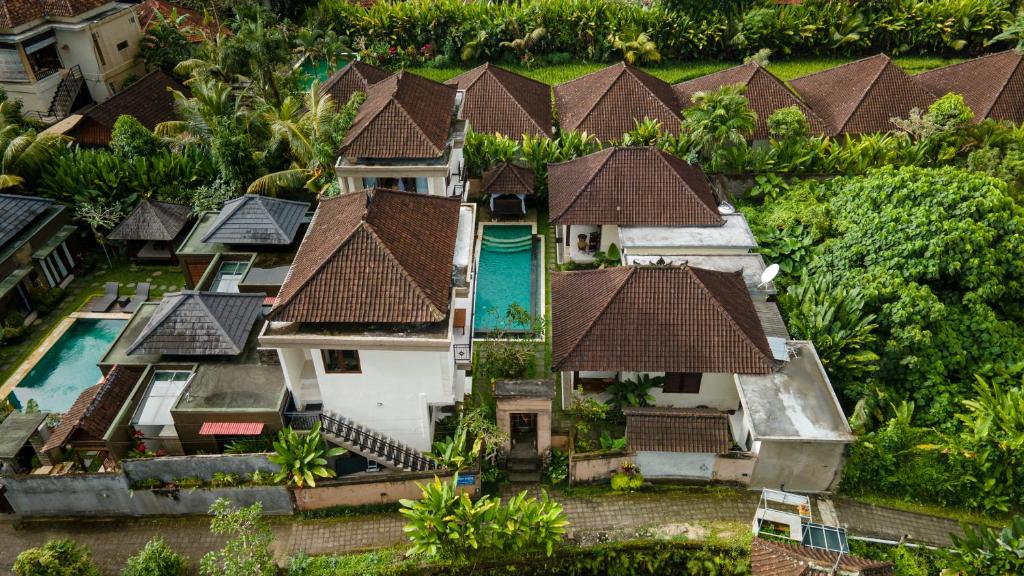 an aerial view of a house with a swimming pool at Queen Bisma Villa - 10 min walking to Ubud Center in Ubud