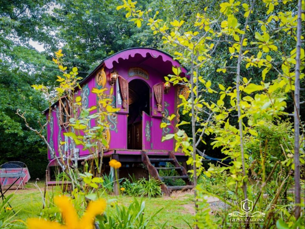 a pink house in the middle of a garden at Gypsy Wagons and Vans, Clarens in Clarens