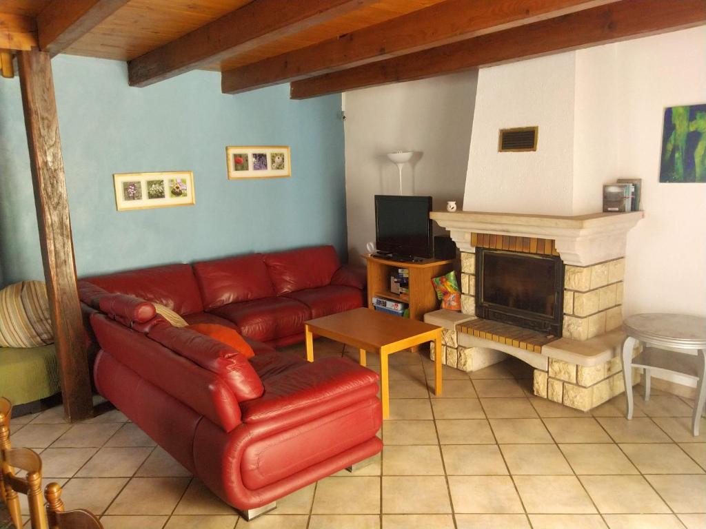 ein Wohnzimmer mit einem roten Sofa und einem Kamin in der Unterkunft Le Bourdon bleu à Celles en Bassigny in Celles-en-Bassigny