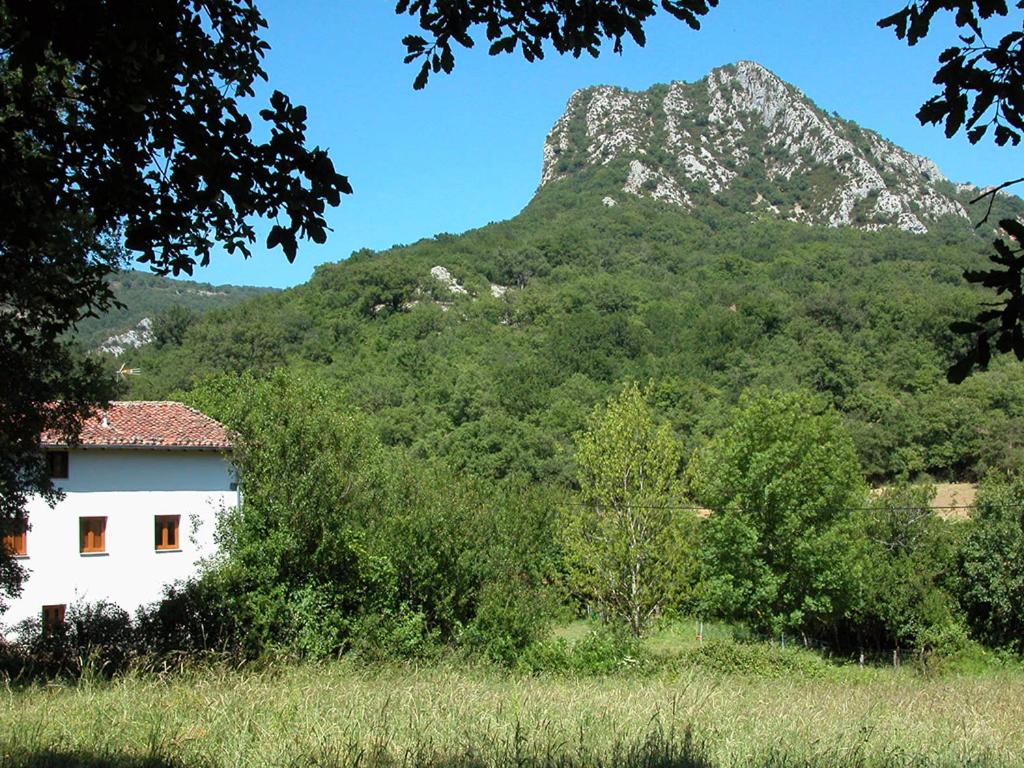 una casa blanca frente a una montaña en Araiztar, en Irañeta