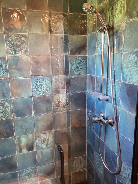 a bathroom with a shower with blue tiles at Amama Baita in Urrugne