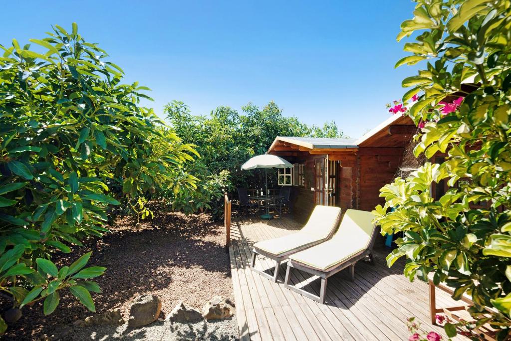 a wooden deck with a chair and an umbrella at Cottage Hibiscus among Avocados in La Orotava