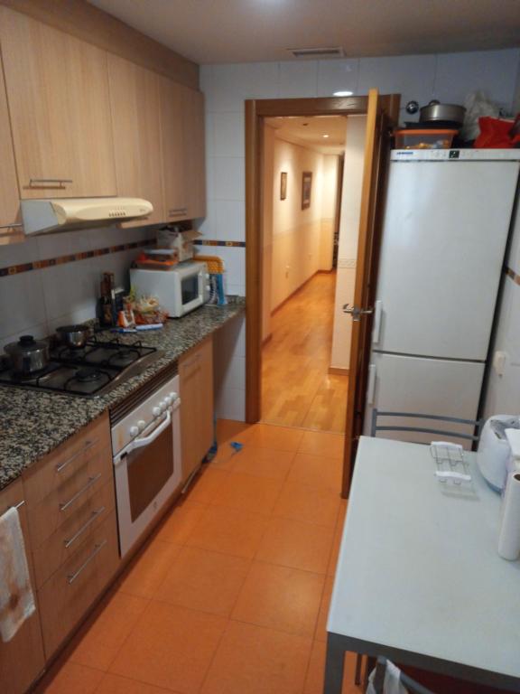 eine Küche mit einem Kühlschrank und einer Arbeitsplatte in der Unterkunft Casa Linda in Alicante