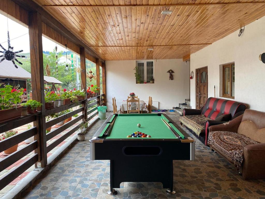 ein Wohnzimmer mit einem Billardtisch in der Mitte in der Unterkunft Casa Irina in Kloster Humor
