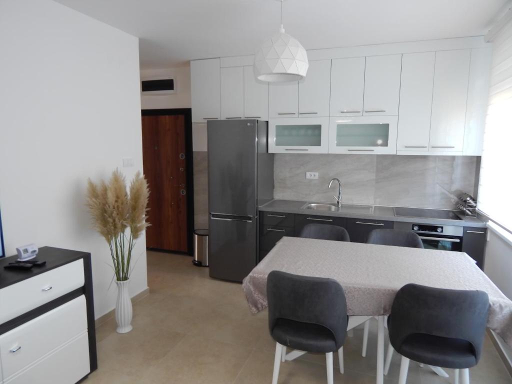 eine Küche mit einem Tisch und Stühlen sowie einem Kühlschrank in der Unterkunft Apartman Zvezda vodilja in Veternik
