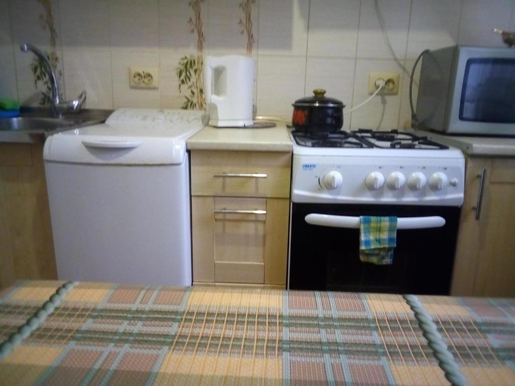 a small kitchen with a stove and a microwave at 2 кімнатна квартира Трускавець,поруч центр та Дельфінарій in Truskavets