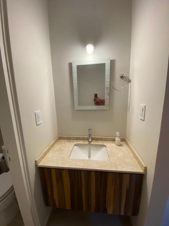 a bathroom with a sink and a mirror at Ocean Apartments in Ciudad Lujan de Cuyo