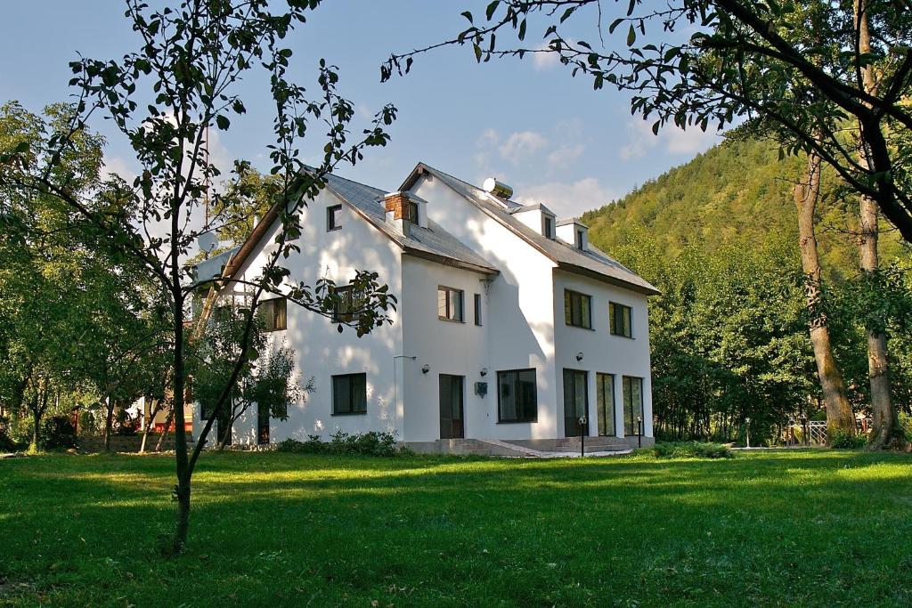 a white house in the middle of a green field at Moara Viselor in Vaideeni