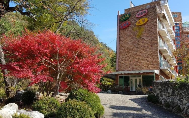 un bâtiment avec une horloge sur son côté dans l'établissement Galcheon Family Resort, à Yangyang