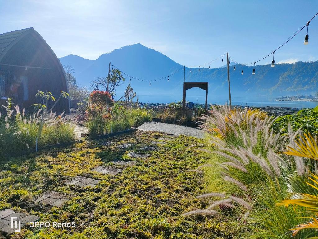 a garden with plants and mountains in the background at Batur Water Park Villa in Bangli