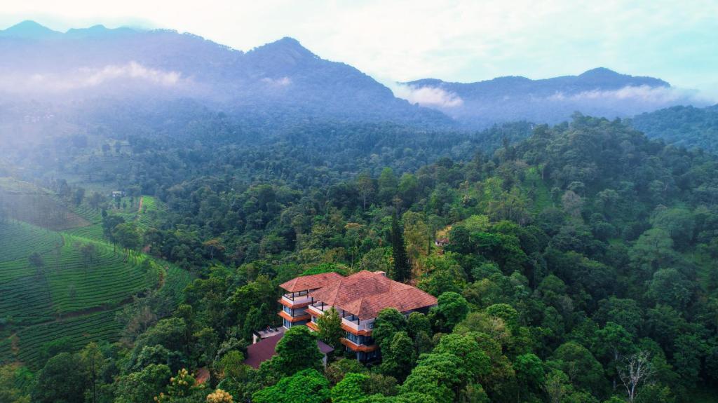 an aerial view of a house in the middle of a forest at Flora Vythiri Resort in Vythiri