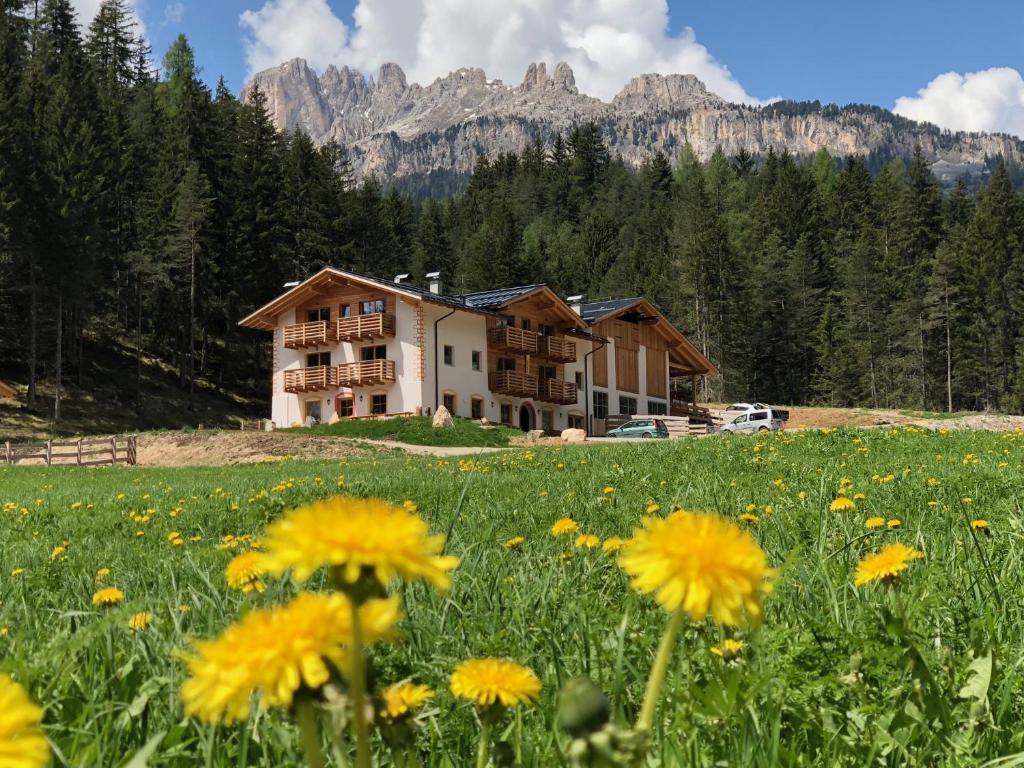 a house in a field with yellow flowers at Agriturismo Soreie - Farmstay in Vigo di Fassa