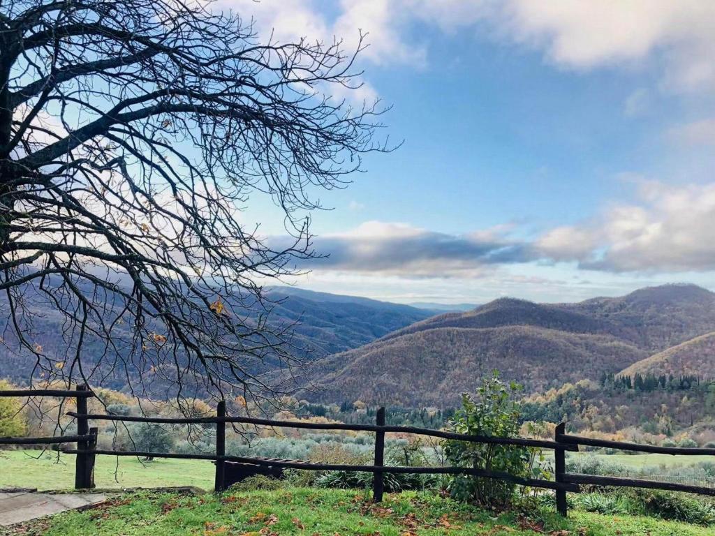 a wooden fence with a view of mountains at Universal Harmony Agriturismo in Dicomano