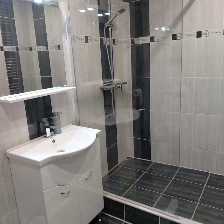 een badkamer met een wastafel en een douche bij Árkád Center Apartman in Szeged
