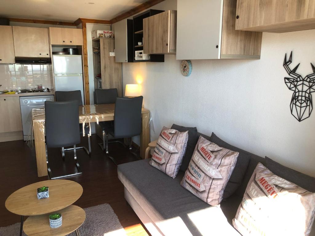 苏佩贝斯Lama-Gîte-des-Puys T3 Lamadalet, vue sud, terrasse, parking privé的客厅以及带沙发和桌子的厨房。