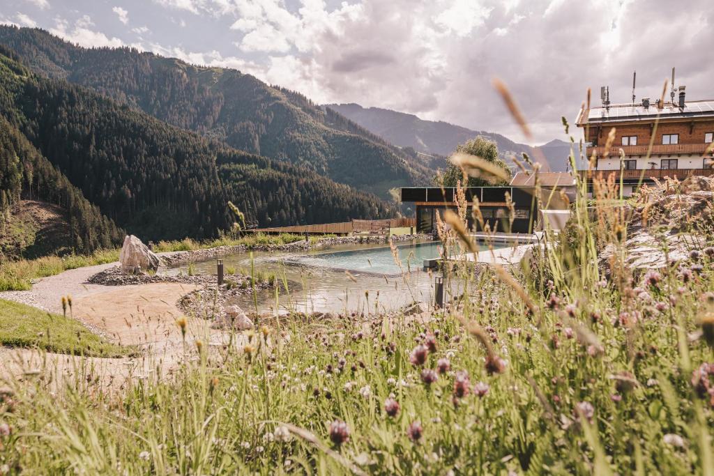 a view of a river with mountains in the background at brandgut - vor Freude glühen in Viehhofen