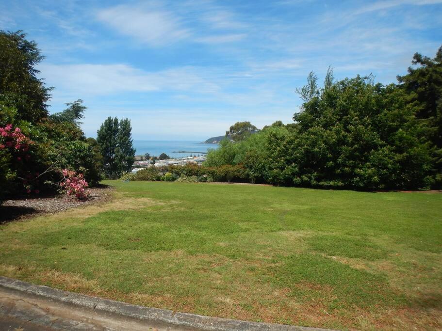 un campo de hierba con el océano en el fondo en Burnie Port Views, en Burnie