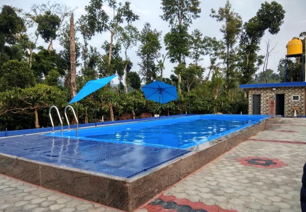 a swimming pool with two umbrellas in front of it at GiriDarshini Homestay - Pool, Falls, 3BH, Home Food & Estate in Chikmagalūr