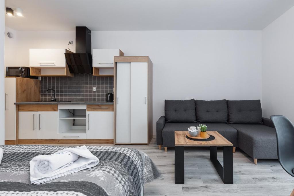 un soggiorno con divano e tavolo di Łużycka Cosy Studio by Renters a Świnoujście