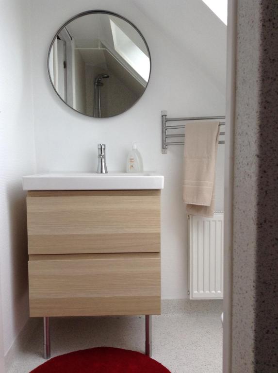 un baño con lavabo y espejo en Svalegaarden Guesthouse, en Særslev