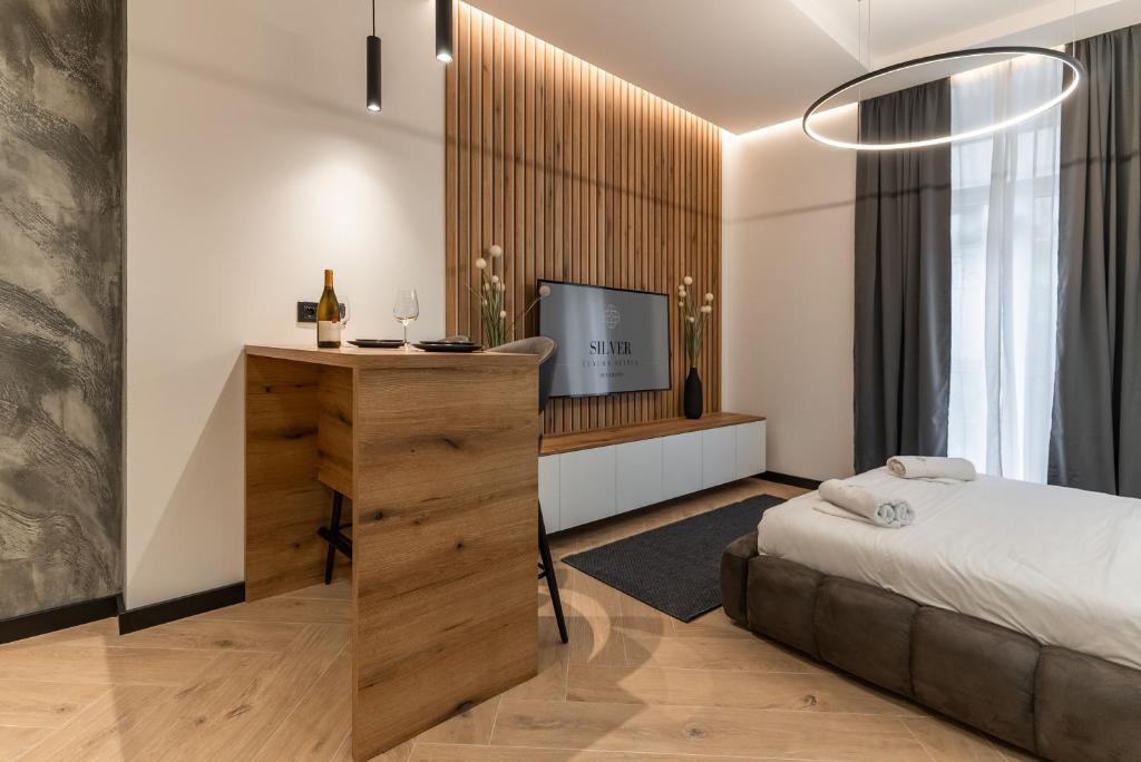 a bedroom with a bed and a flat screen tv at Silver Luxury Suites in Belgrade