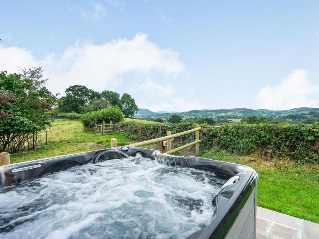 a hot tub in a field with water at Meadowcroft in Bettws Disserth