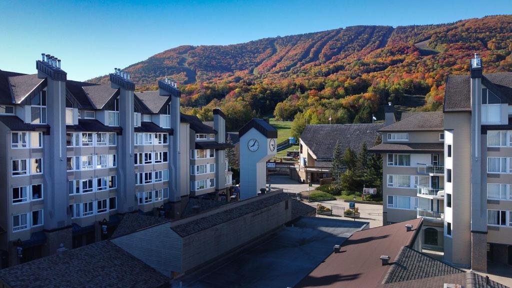 a small town with houses and a mountain range at Hébergement Mont-Ste-Anne Condos in Beaupré