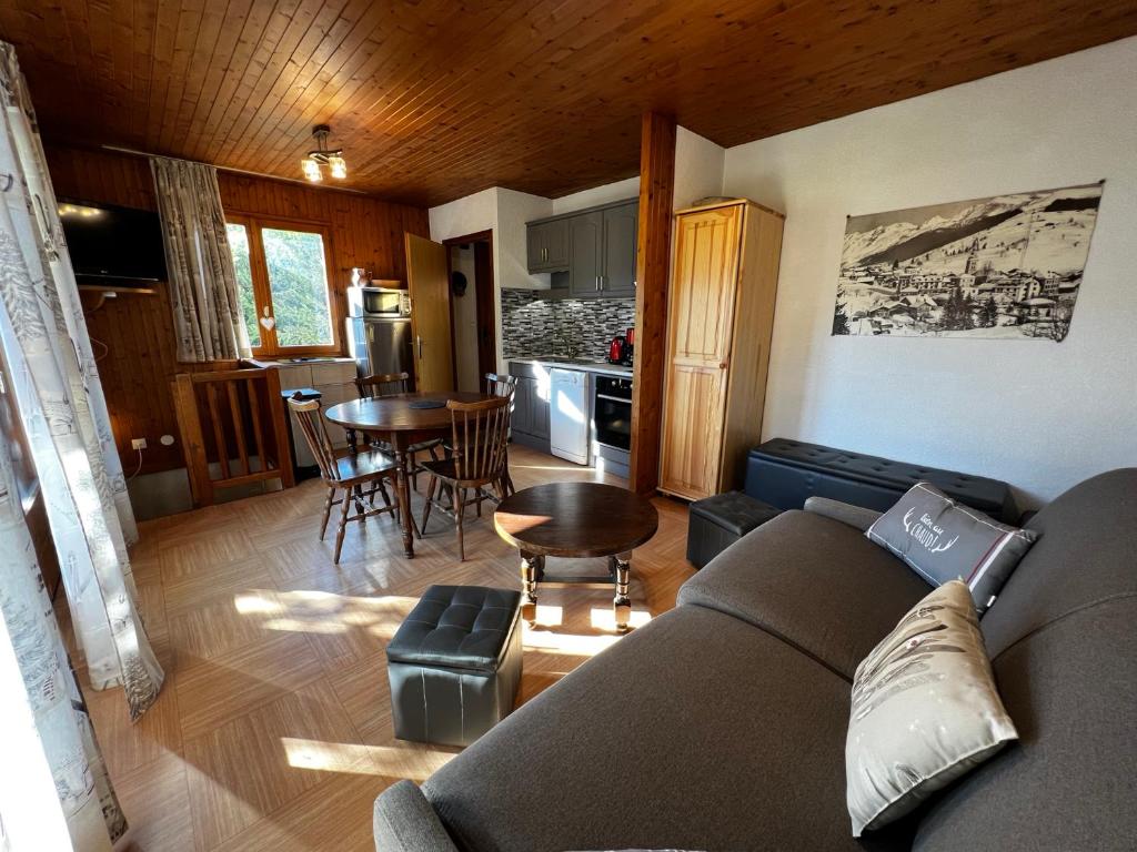 un salon avec un canapé et une cuisine dans l'établissement Abricot - Appart dans chalet, à La Clusaz