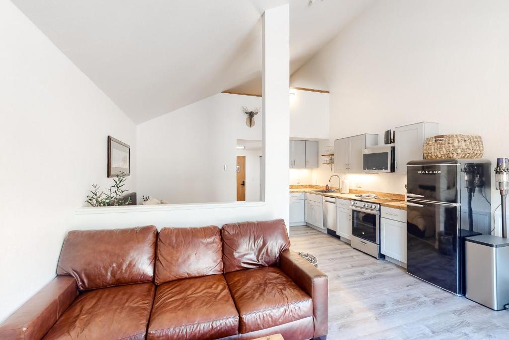 ein Wohnzimmer mit einem braunen Ledersofa in der Küche in der Unterkunft Away Out on the Mountain in Crested Butte