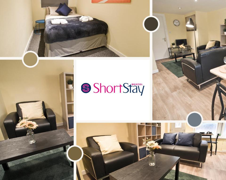 un collage de fotos de una habitación de hotel con cama y sillas en Church Rd en Bristol