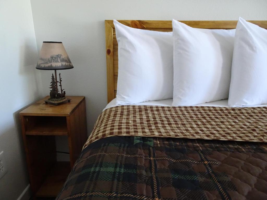 Priest River的住宿－Eagle's Nest Motel，一间卧室配有带白色枕头和灯的床