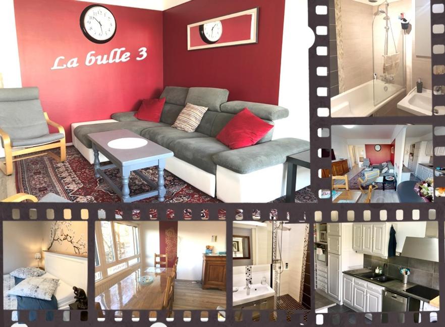 eine Collage mit Bildern eines Wohnzimmers mit einer Couch in der Unterkunft BedinReims "burgundy bottle" 110m2 Exceptional, 4 chambres doubles, 2 bain, free park & wifi, tout équipé in Reims